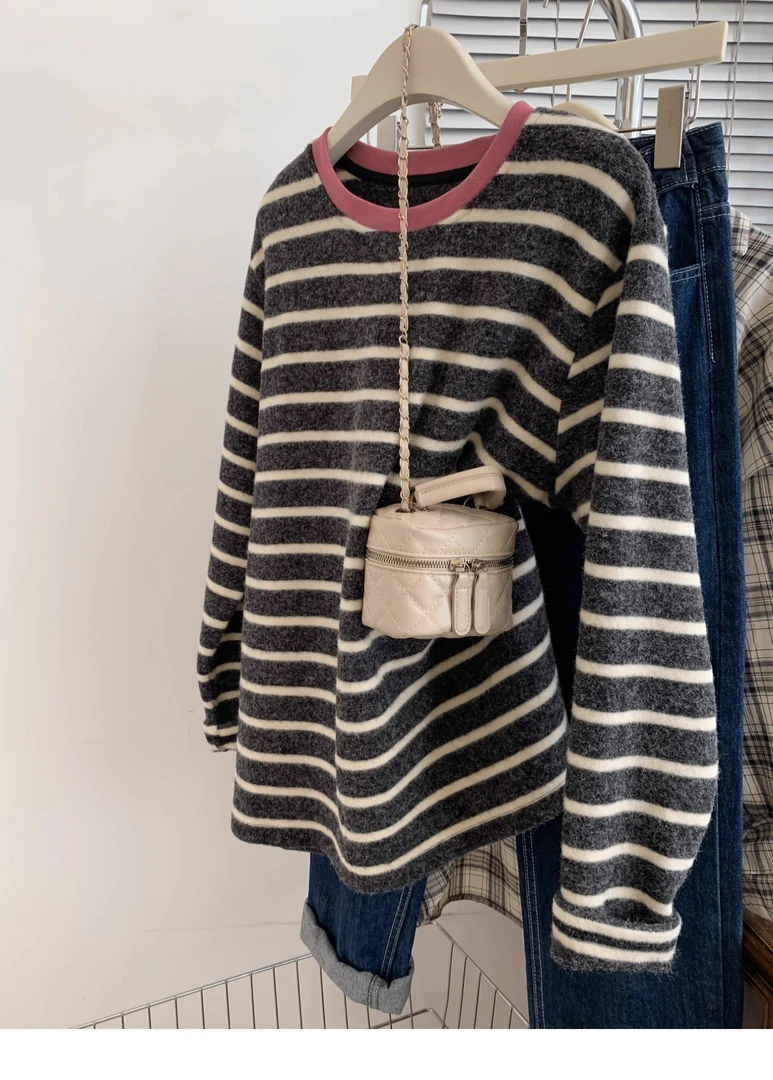 韩国兔绒条纹磨毛长袖t恤女秋冬简约款圆领套头打底衫上衣