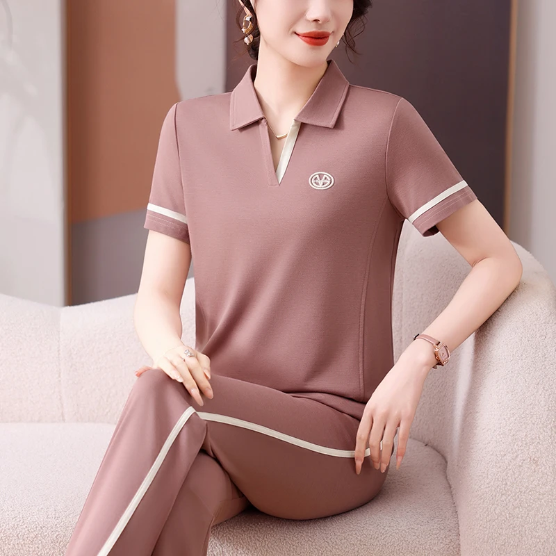 年轻妈妈短袖运动服套装女夏季跑步两件套中老年时尚洋气夏装新款