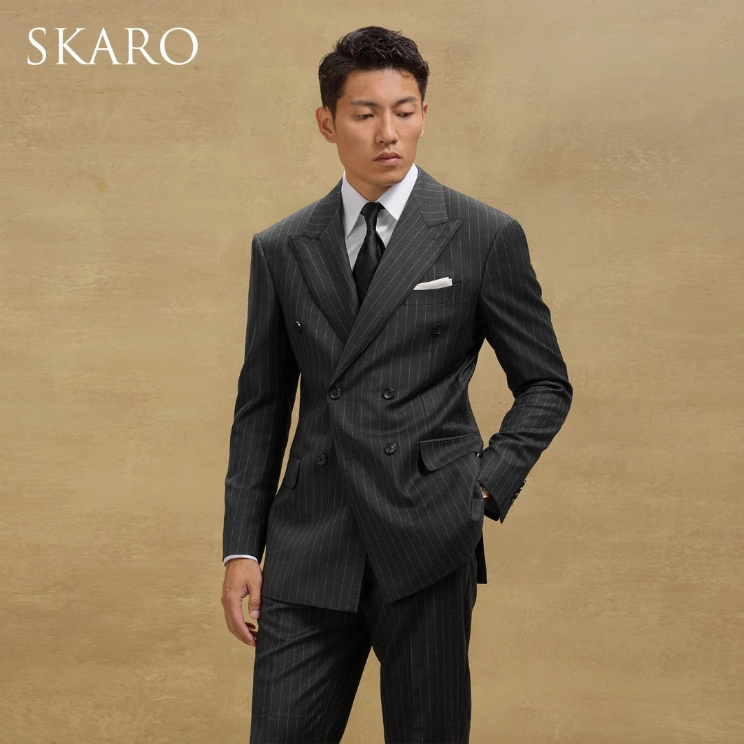 【高定工艺】SKARO双排扣条纹男士西装套装修身高端商务西服结婚