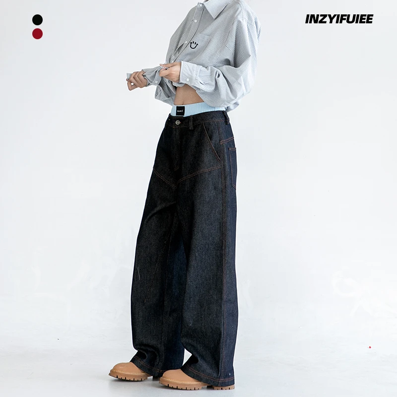 INZYIFUIEE丹宁蓝直筒牛仔裤明线设计显瘦垂感牛仔裤