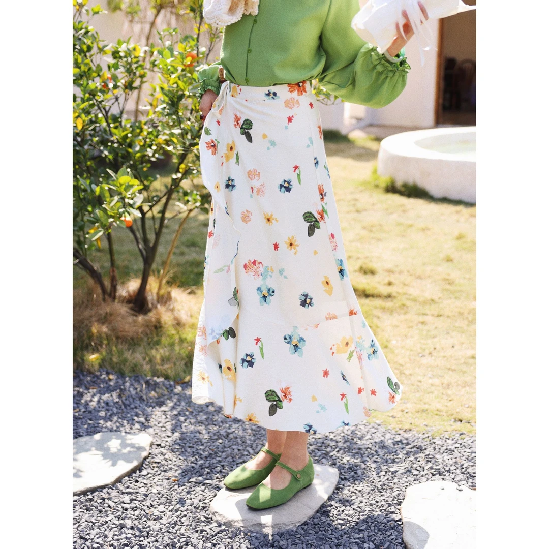 扣子家【月光海滩】港风复古碎花高腰半身裙一片式裙子KR3882284