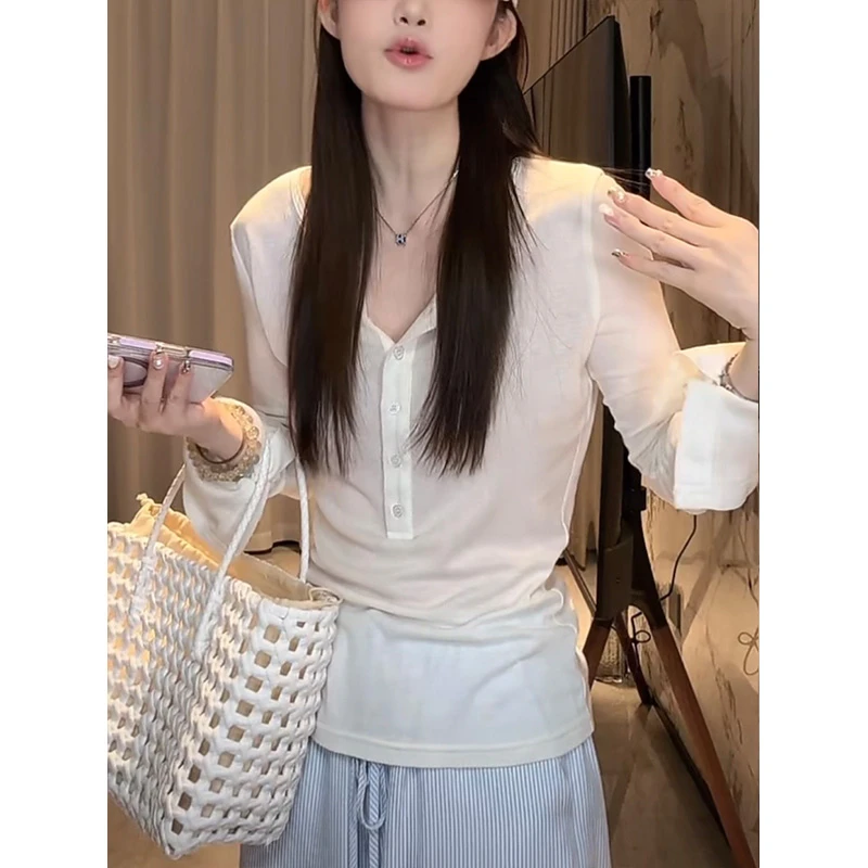 夏季轻薄白色长袖T恤女装2025新款修身显瘦休闲百搭法式防晒上衣