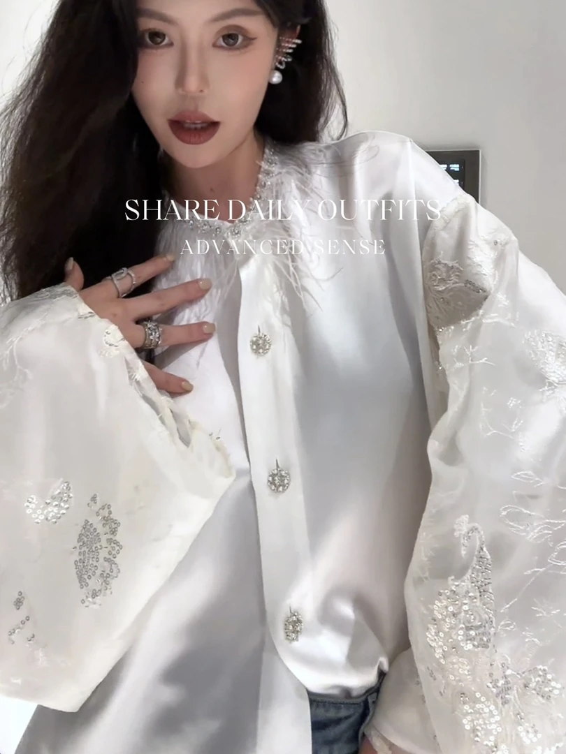 【霓裳羽衣】新中式仙气重工蕾丝羽毛缎面白衬衫 5e32235