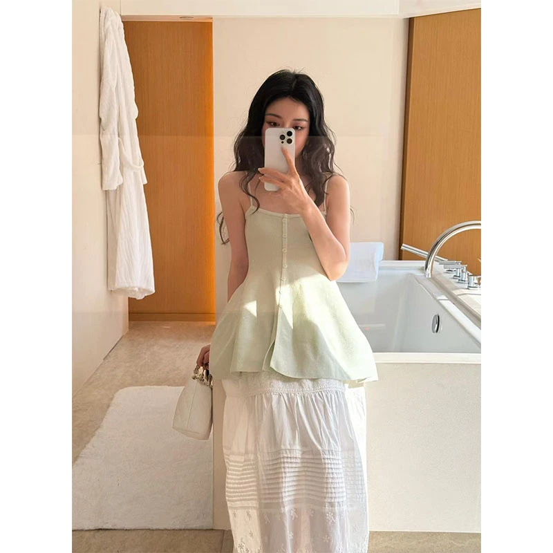 夏季新款休闲百搭时尚气质小众吊带背心上衣高腰设计感半身裙套装