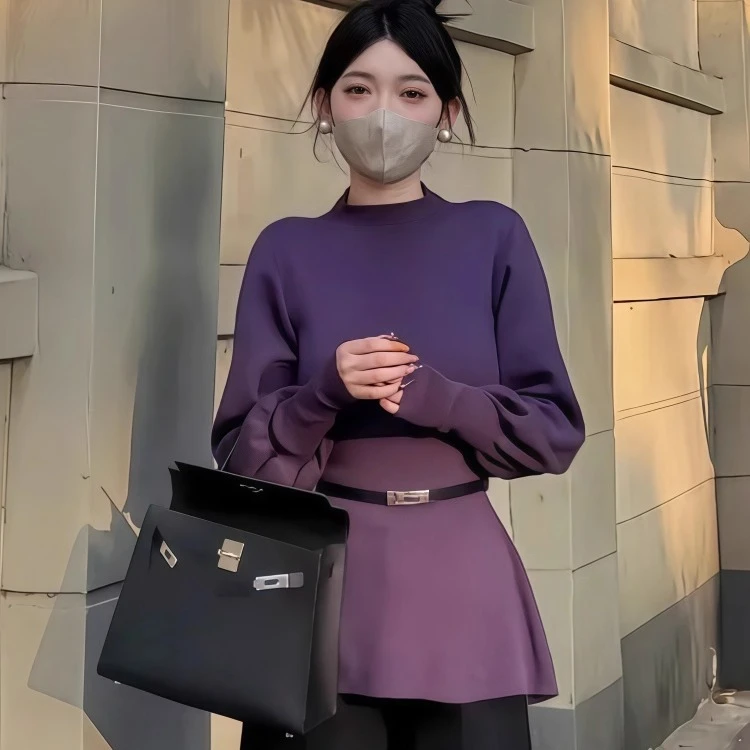 半高领系带收腰灯笼袖针织衫女2025秋季新款气质时尚修身显瘦上衣