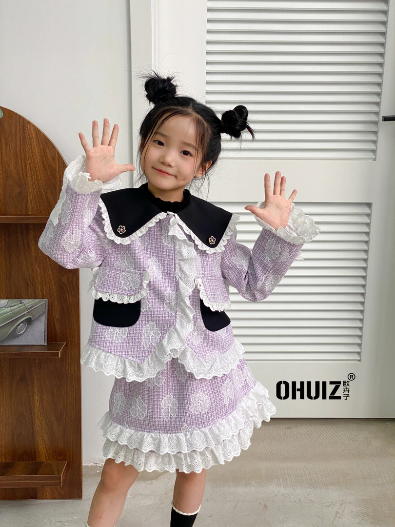 【3727】女童设计师秋款小香风套装儿童气质时尚韩版格子翻领蕾丝