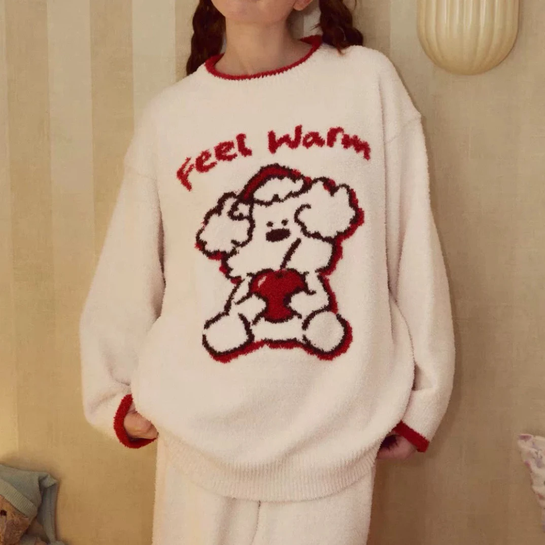 冬季新款小狗卡通雪尼尔加绒女士睡衣家居服套装