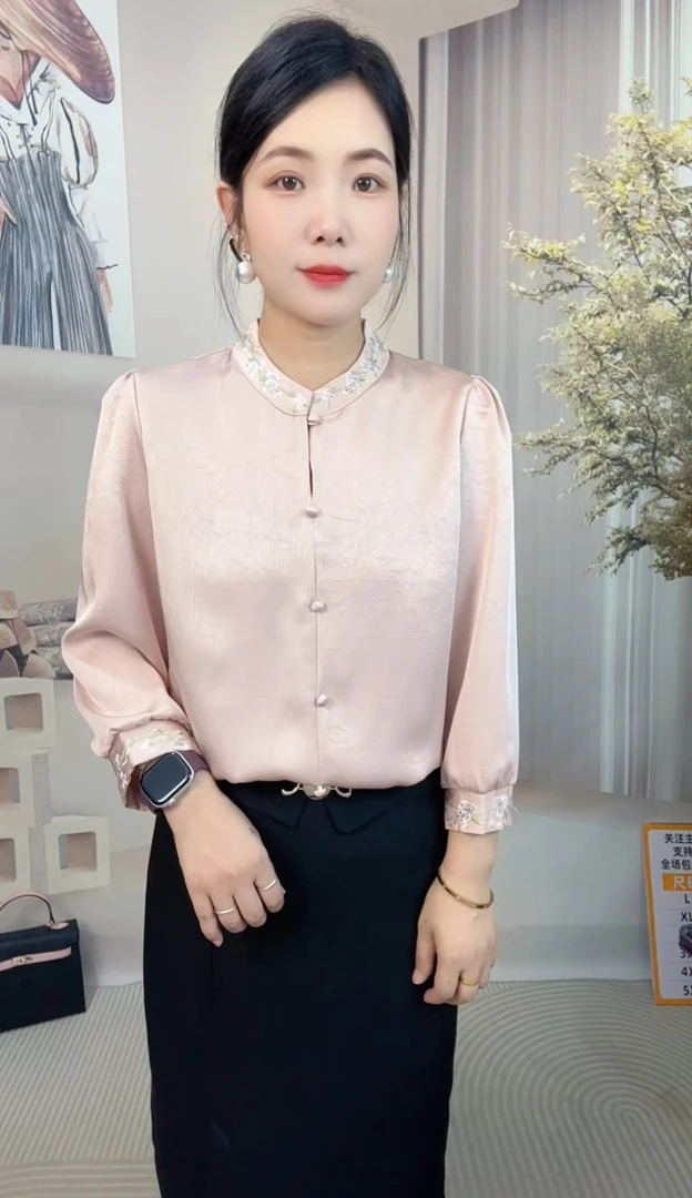 七分袖常规刺绣新中式白色圆领衬衫百搭小衫上衣时尚网红国风衬衣