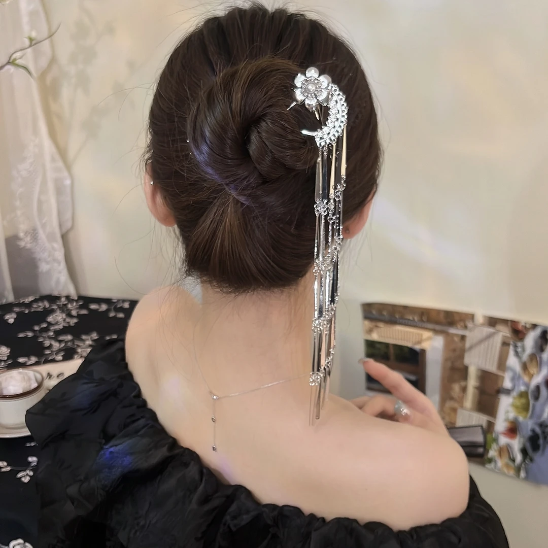 新中式花朵风铃步摇U型簪长流苏簪子民族风清冷正版古风簪子