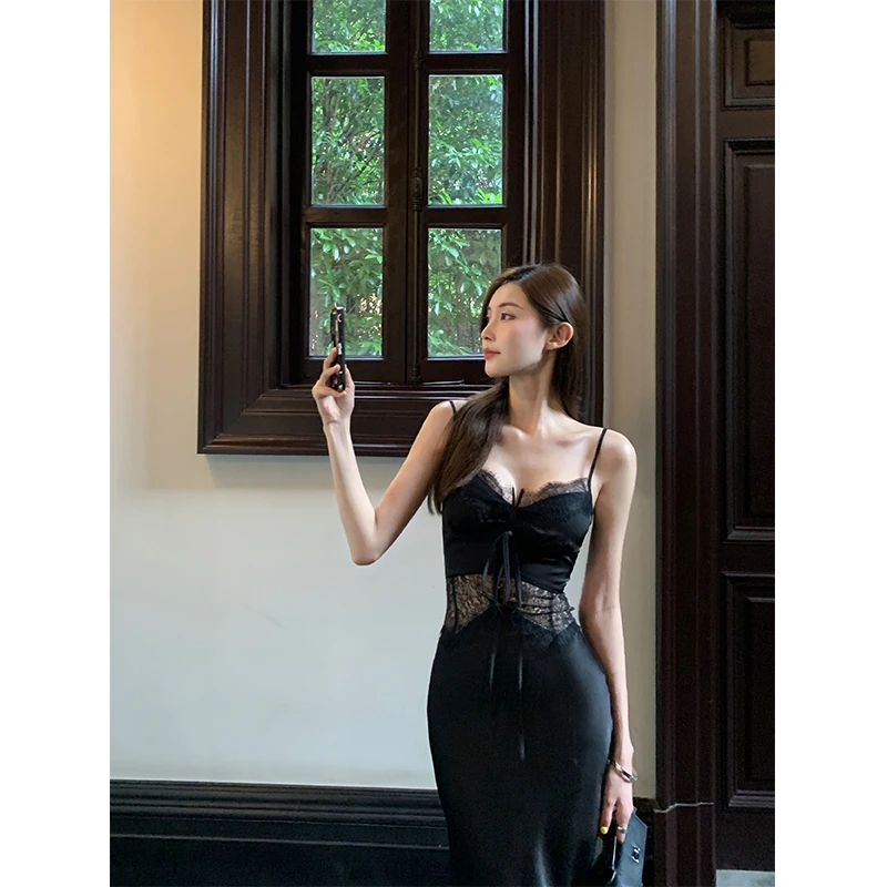 钱安安镂空透视性感拼蕾丝中长款礼服小吊带鱼尾连衣裙子