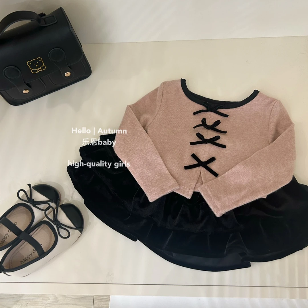 现货【乐恩童装】女童秋冬季粉色上衣+丝绒半身裙子两件套宝宝时髦