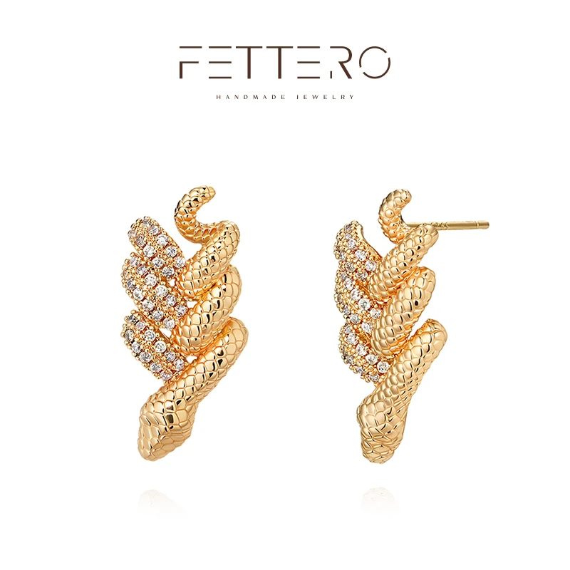 fettero 铜合金耳饰 【金色交织蛇对称耳钉】气质轻奢小众欧美