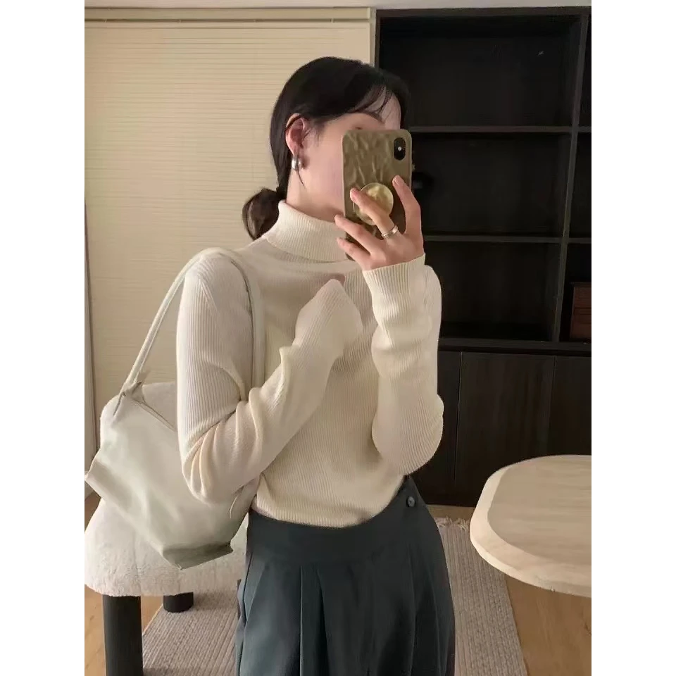 6107 2024秋冬新款糖果色软糯高领针织衫女修身打底衫堆堆领潮