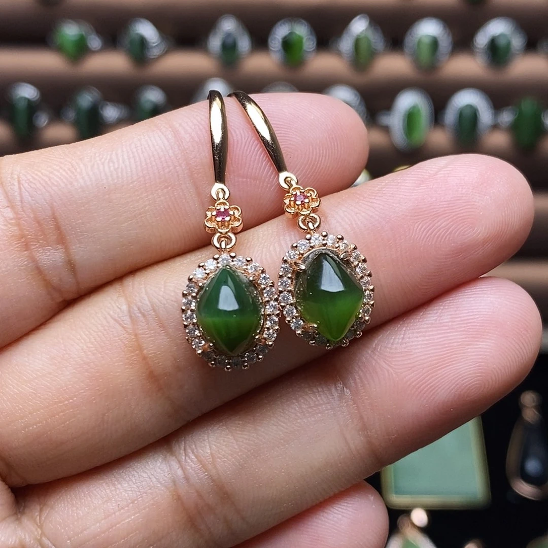 吊坠(不含链)银S925镶嵌和田玉（碧玉）清**水耳饰