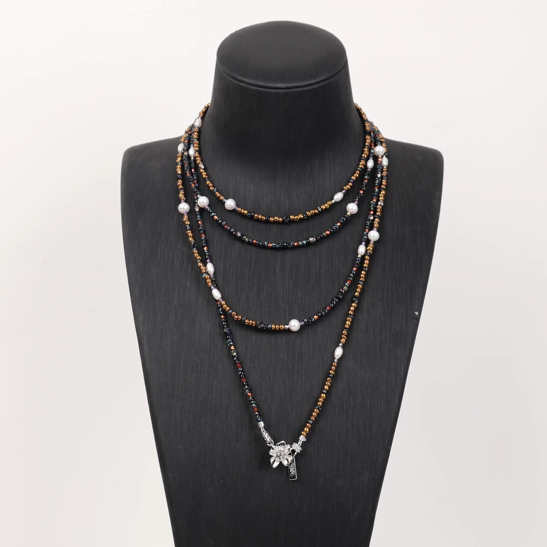 合金项链 LZ2446 黑咖色进口小米珠长AK珠珠链花扣琉璃项链