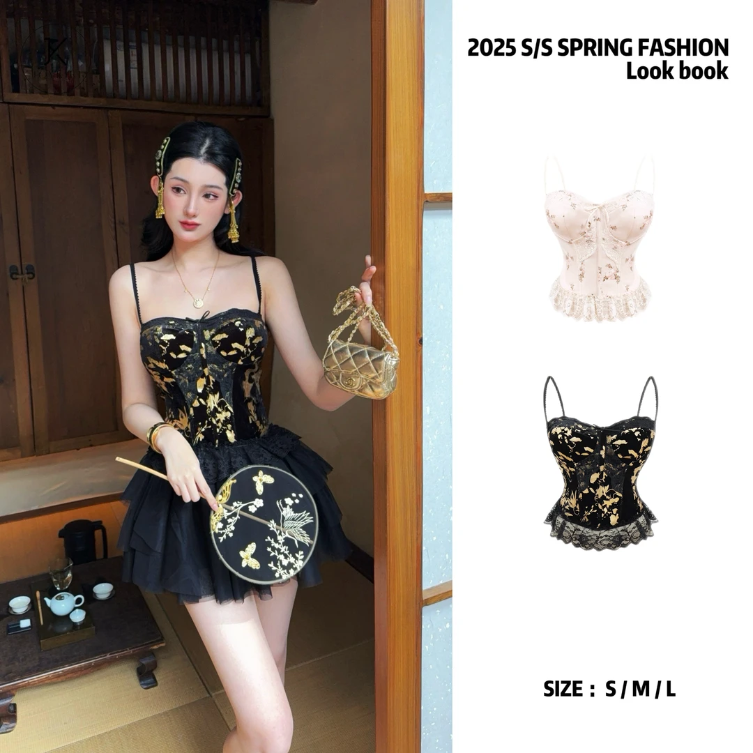 JOY KIKI金金【翩若惊鸿】新中式油画蕾丝拼接撞色上衣 J25A536