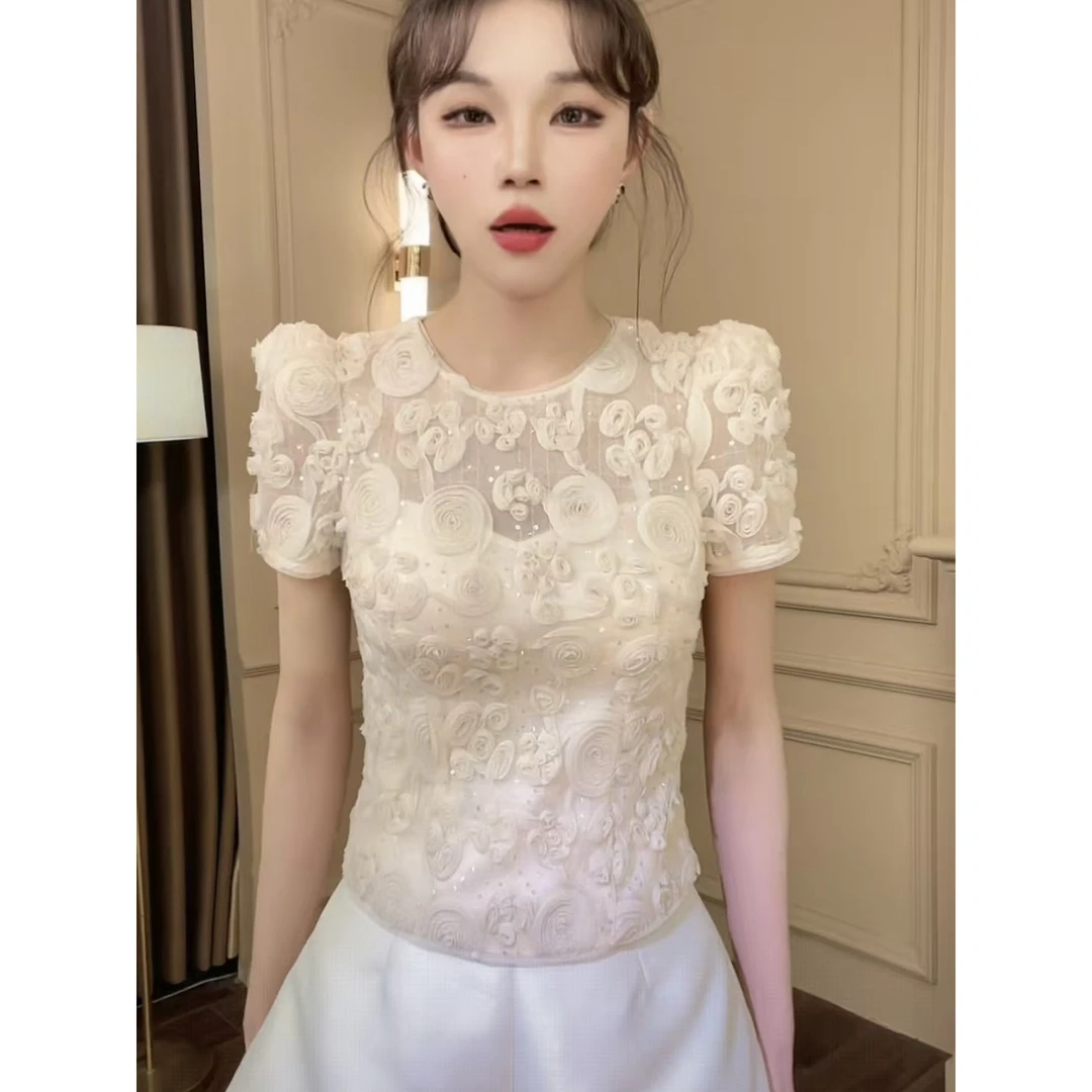 杏色朦胧透提花设计2025春夏季新款设计感时尚显瘦泡泡袖百搭上衣