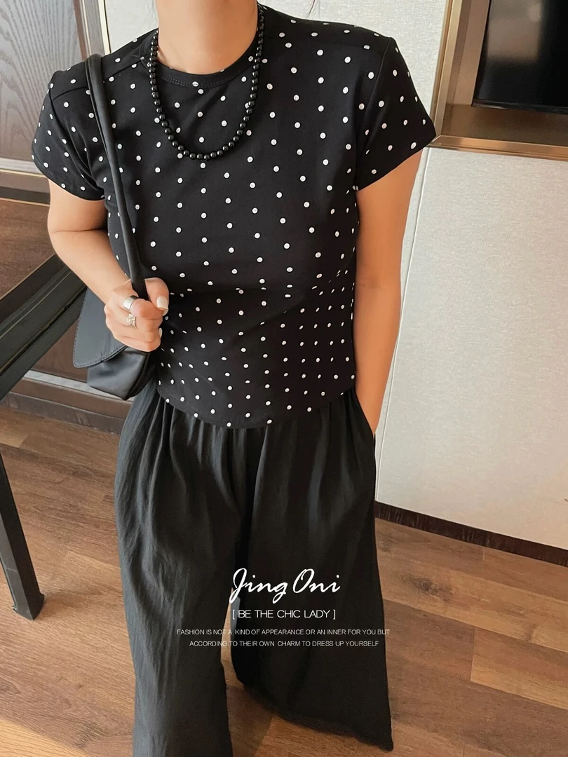黑白圆点短袖T恤女上衣