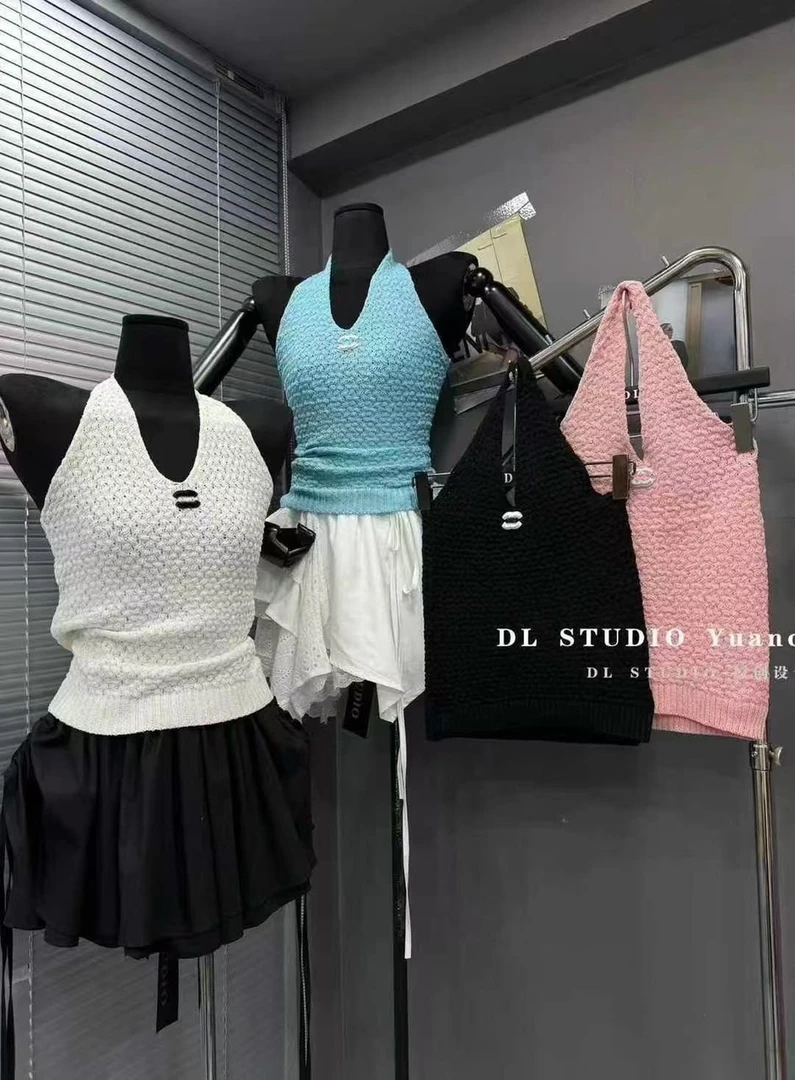 法式小香风V领无袖挂脖针织背心女夏季打底修身显瘦气质百搭上衣
