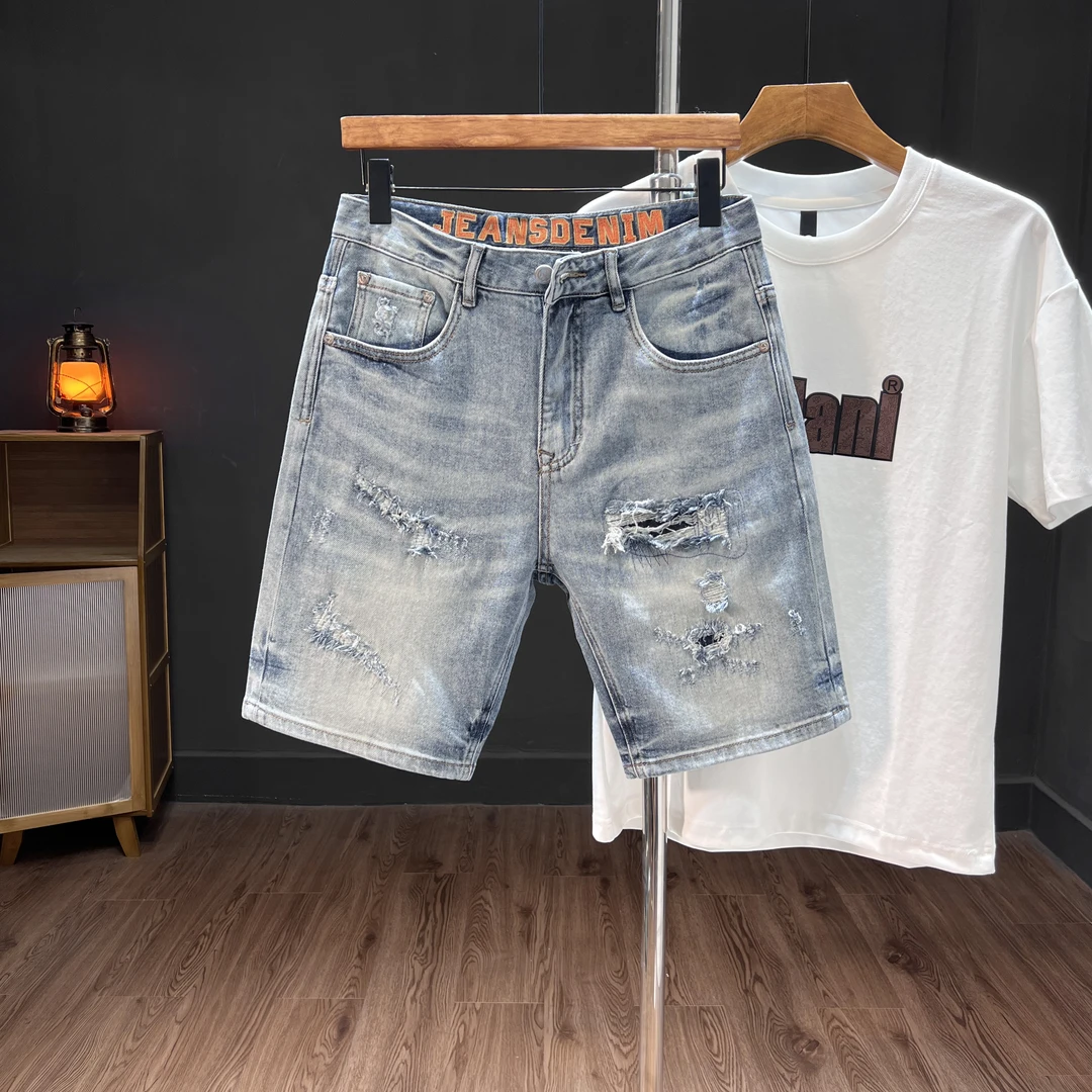 弹力牛仔五分裤男 修身直筒男士复古水洗牛仔短裤夏季ins潮大码