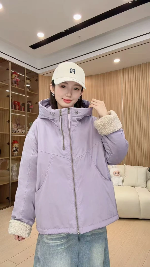 加绒加厚2025冬季新款冲锋衣百搭夹克连帽宽松棉外套上衣女866