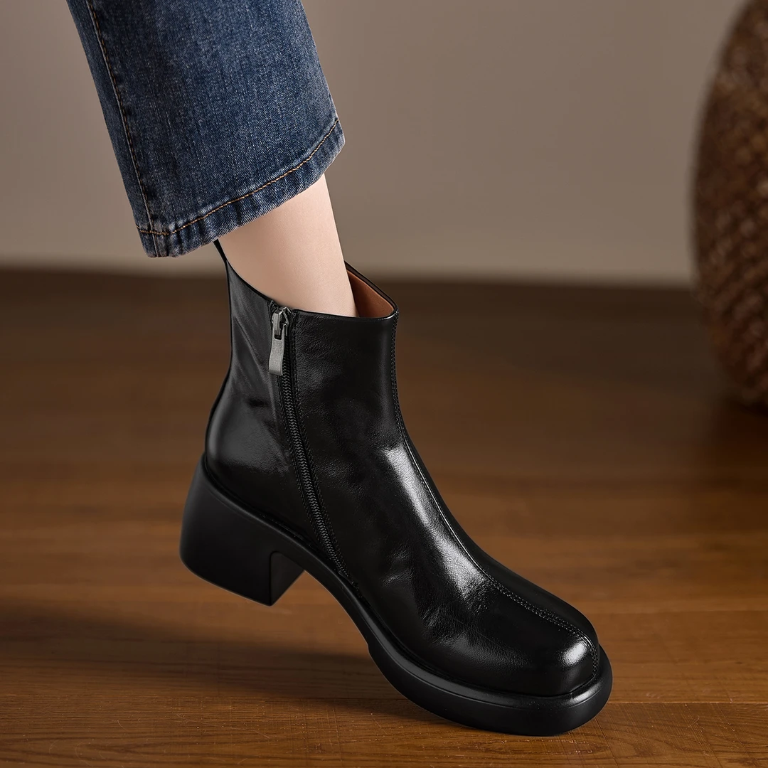 小个子手工女鞋5.5cm~圆头厚底防水台高跟靴子舒适短靴粗跟马丁靴