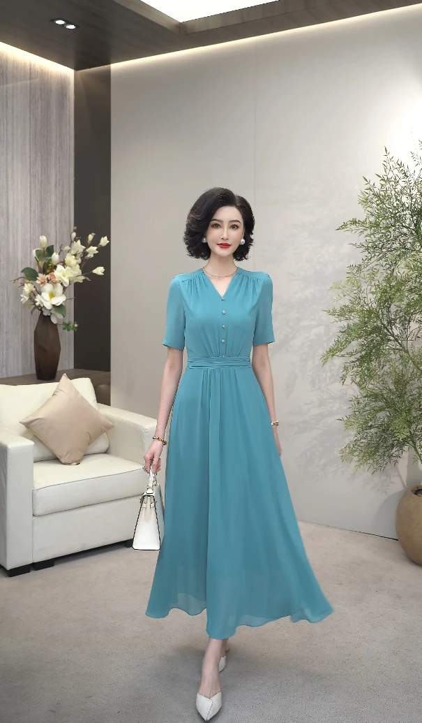 2025夏季高奢原创设计蒂夫尼蓝v领莱赛尔天丝冰羽纱连衣裙WF3240