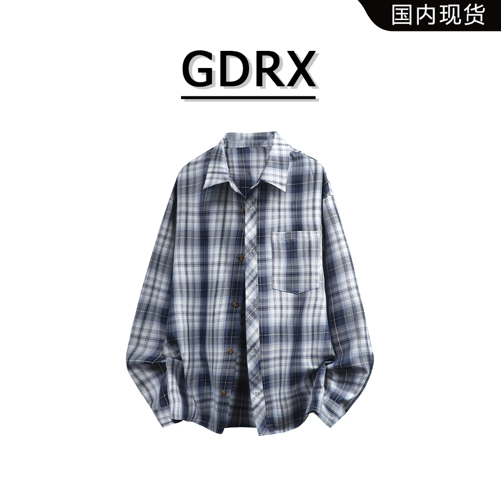 GDRX美式潮流长袖格子男士衬衫2025秋季新款复古宽松百搭格纹衬衣
