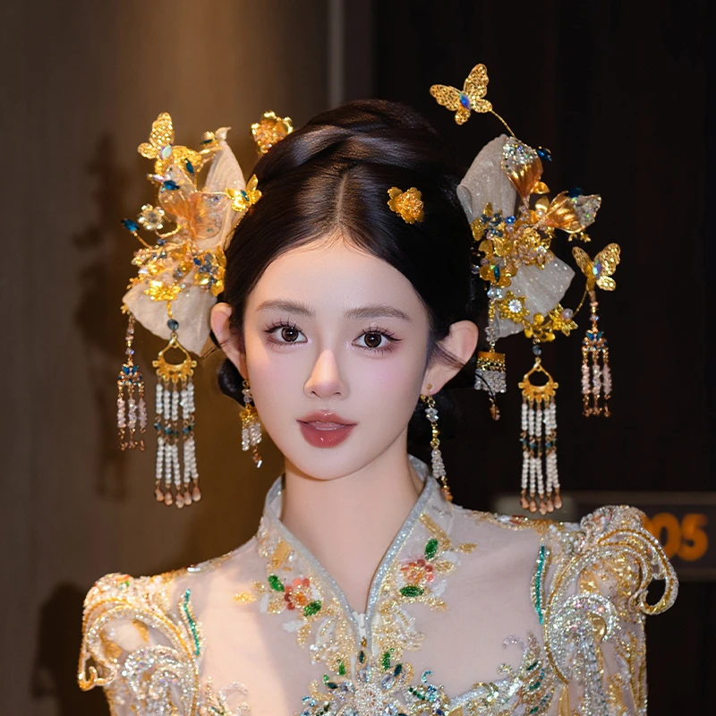 合金婚庆饰品 新娘香槟色秀禾俏皮蝴蝶结婚礼流苏马面裙头饰D0560