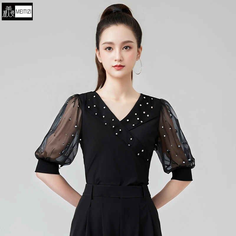 2025摩登舞女上衣网纱钉珠舞蹈服交谊舞拉丁舞广场舞跳舞练功服