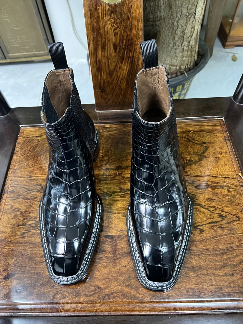 进口湾鳄鱼皮靴子切尔西真皮英伦风烟筒靴高帮手工挪威缝马丁靴男