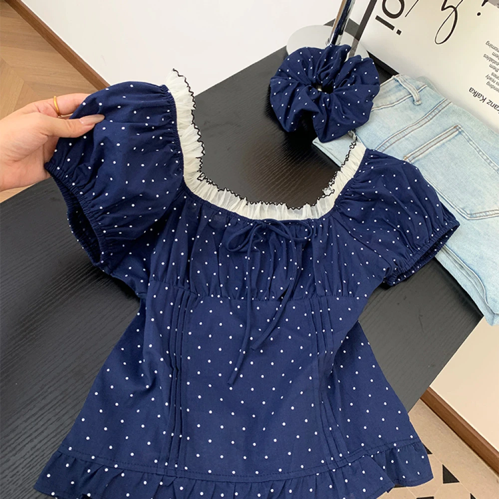 复古藏蓝色波点短袖衬衫女夏季收腰小衫设计感荷叶边方领绑带上衣