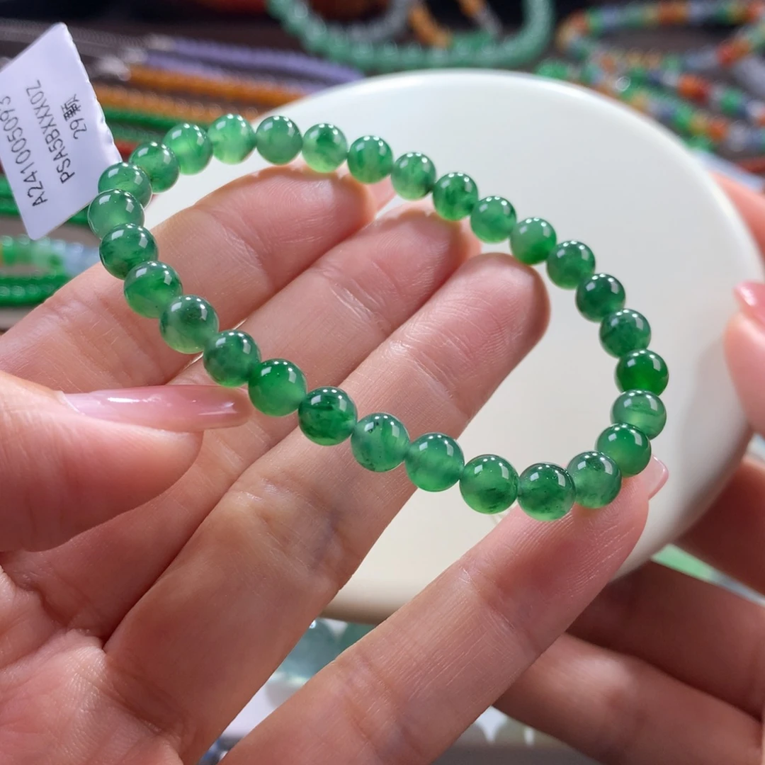 翡翠未镶嵌手链绿底飘辣色卡6