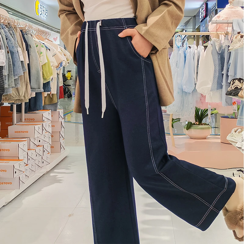 孕妇裤春秋时尚休闲垂顺显瘦九分阔腿裤抽绳无托针织软牛仔孕妇装