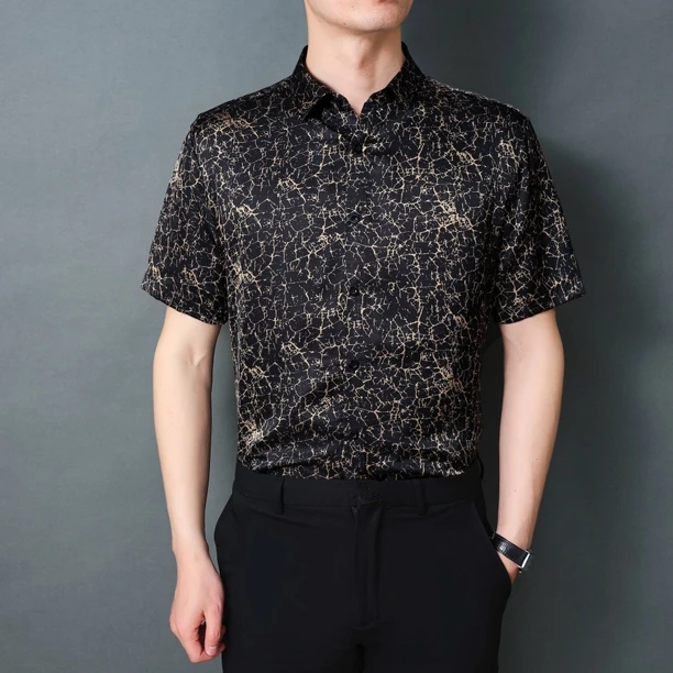 夏季新款印花桑蚕丝男士衬衫短袖高端商务免烫休闲缎面衬衣男装