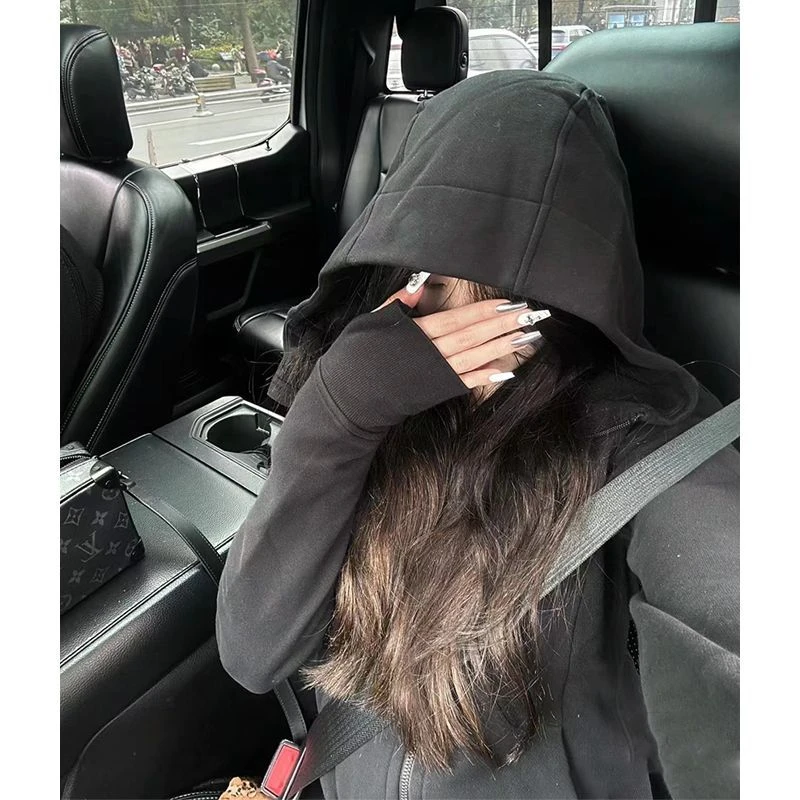 美式甜辣妹修身连帽卫衣女早秋网红收腰显瘦瑜伽服简约开衫短外套