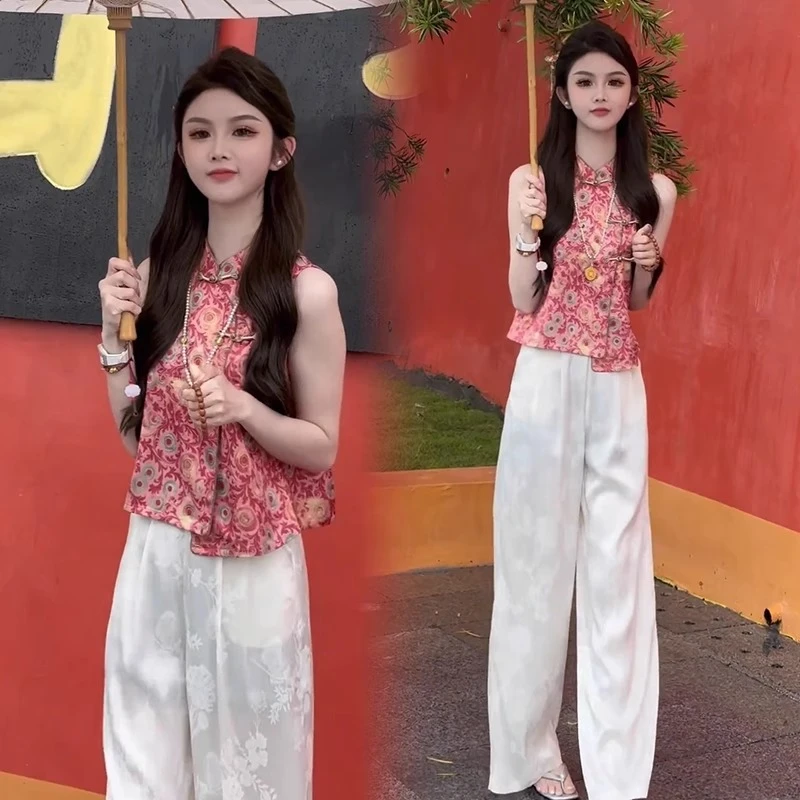 新中式国风时尚套装女夏季新款盘扣马甲上衣高腰阔腿裤气质两件套