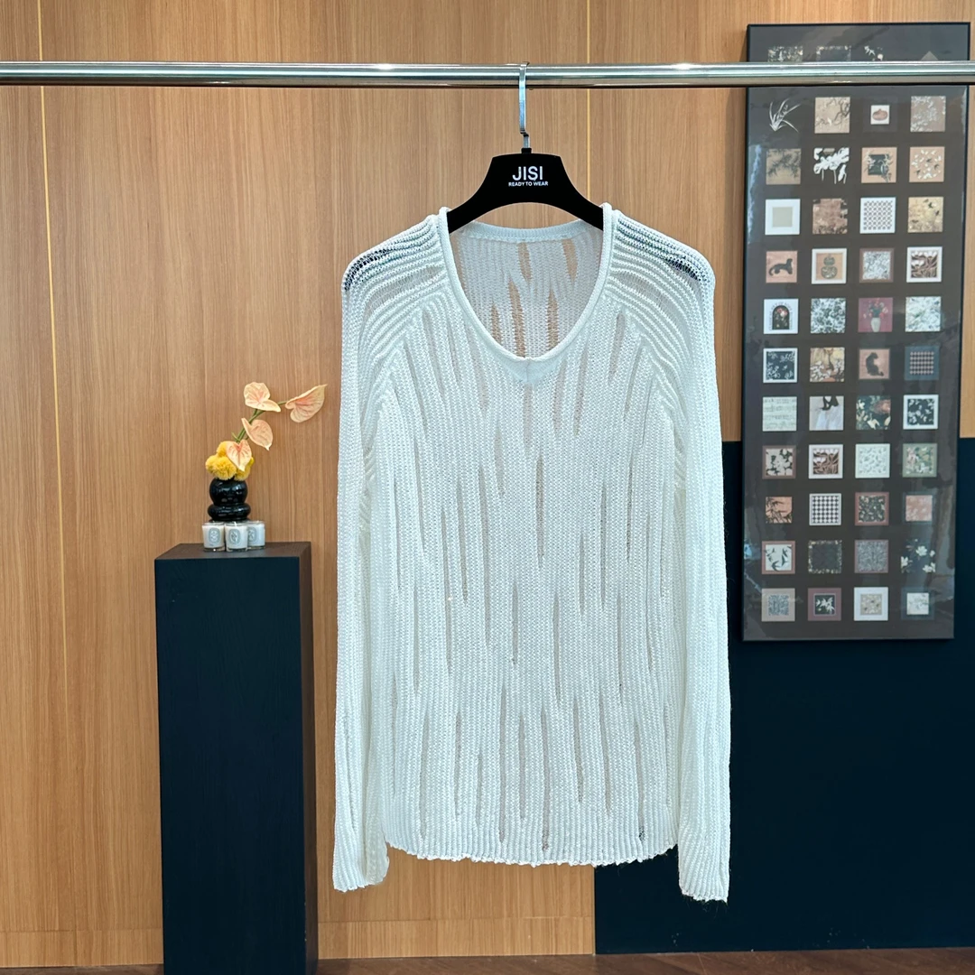 JISI [对版纱]B+镂空亮片圆领针织上衣-MZ25024