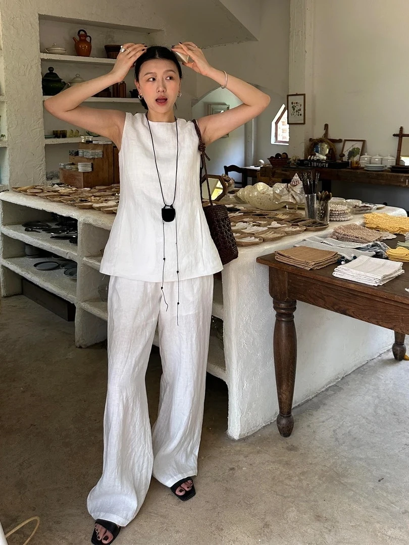高智感白色圆领收腰背心女2025年夏季薄款气质亚麻上衣长裤两件套