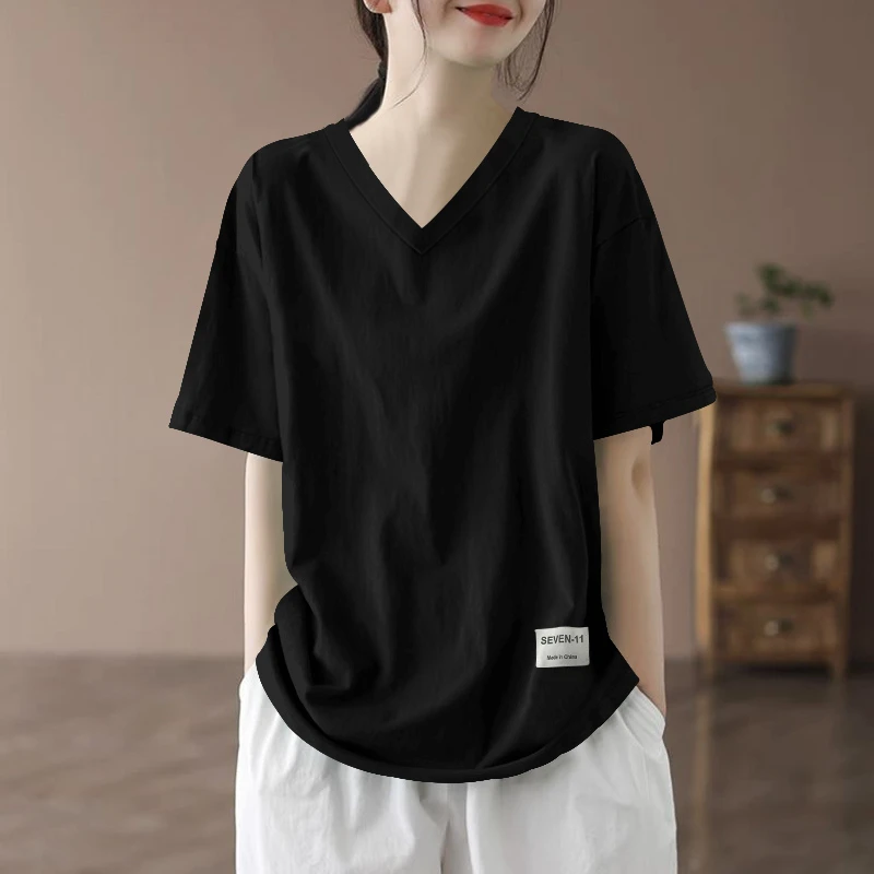 黑色纯棉短袖T恤女士夏季新款洋气休闲百搭打底衫V领显瘦宽松上衣