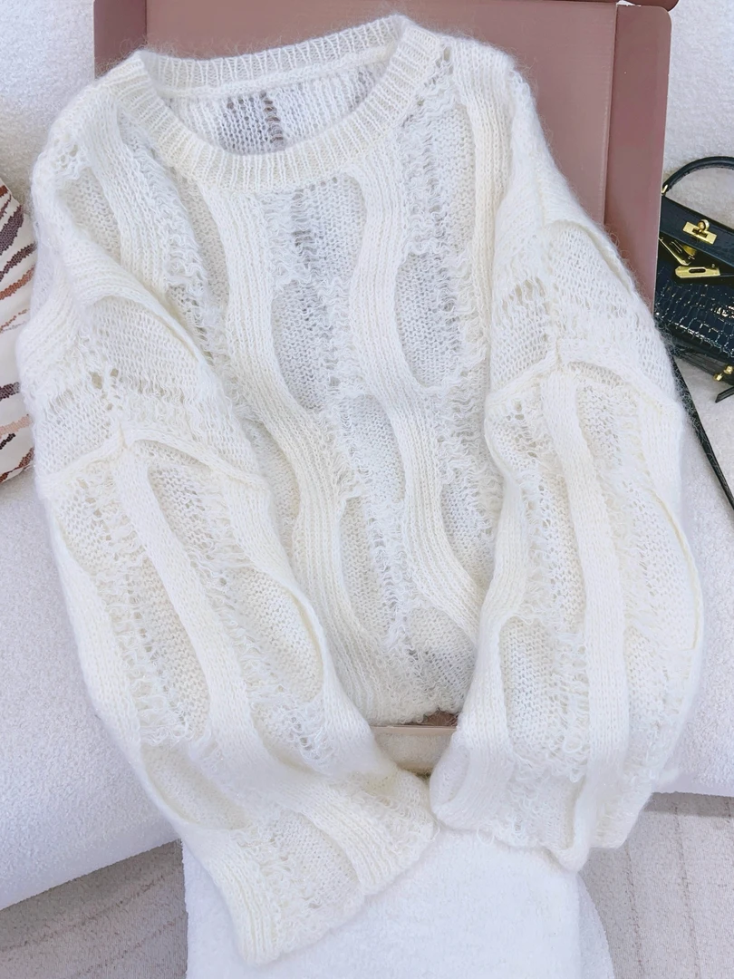 琳心丨早秋新款白色休闲时尚百搭长袖针织镂空衬衫 1088