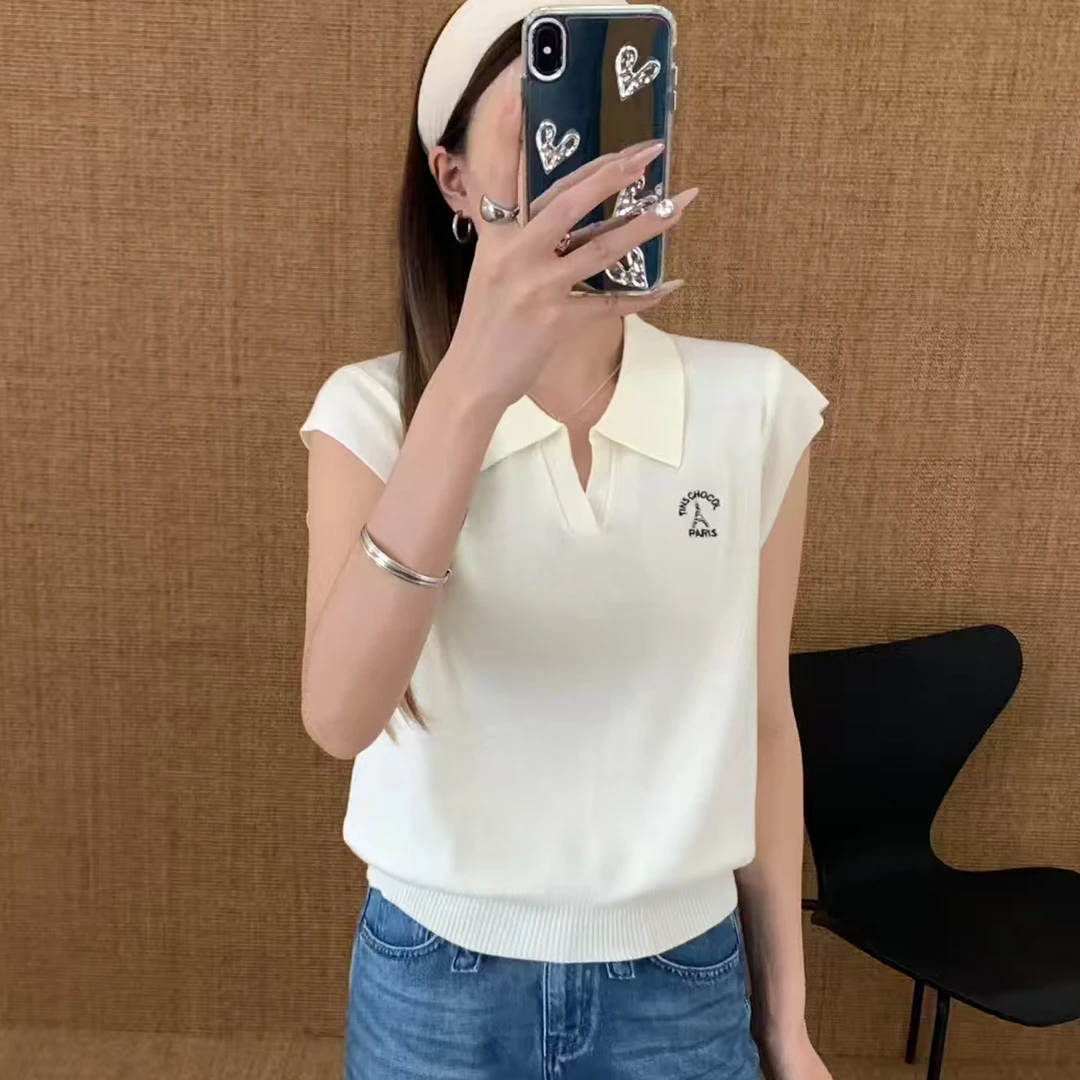 韩系高级感蓝色短袖针织Polo衫女v领冰丝t恤夏季小飞袖宽松短上衣