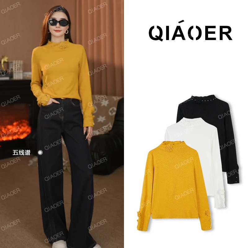 乔儿定制【茶花物语】山茶花立体钩花长袖针织衫女加绒半高领毛衣