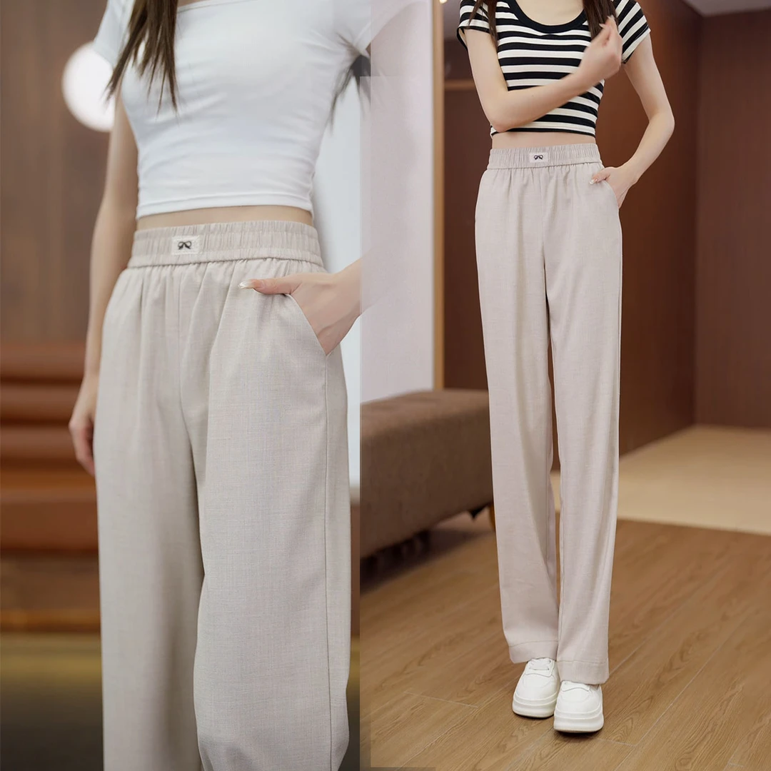 2025夏季新款冰麻丝直筒休闲女款高腰显瘦薄款垂感宽松窄版阔腿裤
