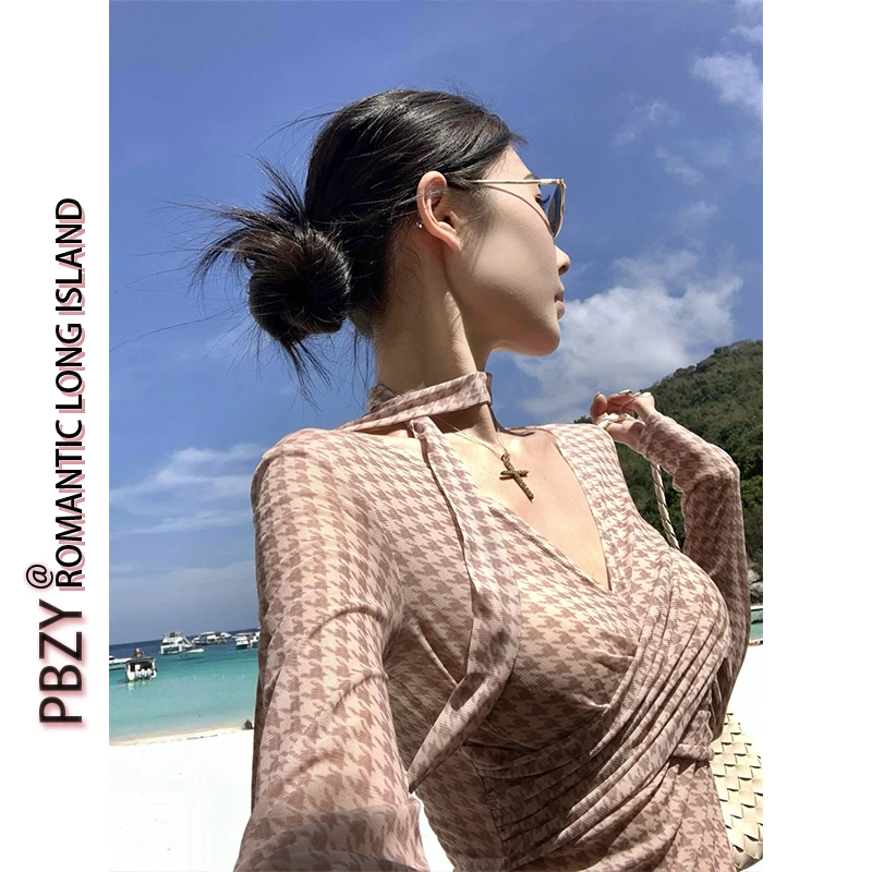 法式纯欲千鸟格交叉绑带V领衬衫上衣女2025年新款御姐风 6654#