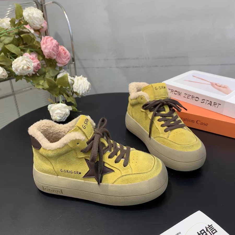 爆款高帮做旧星星板鞋2024冬季圆头系带厚底防滑休闲运动鞋23185