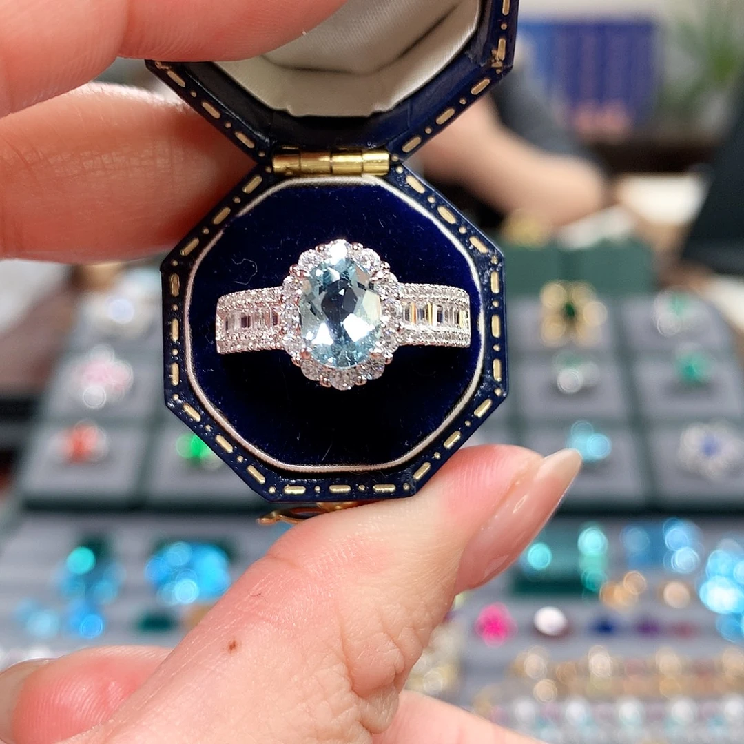 海蓝宝石戒圈银S925镶嵌T方海蓝宝戒指