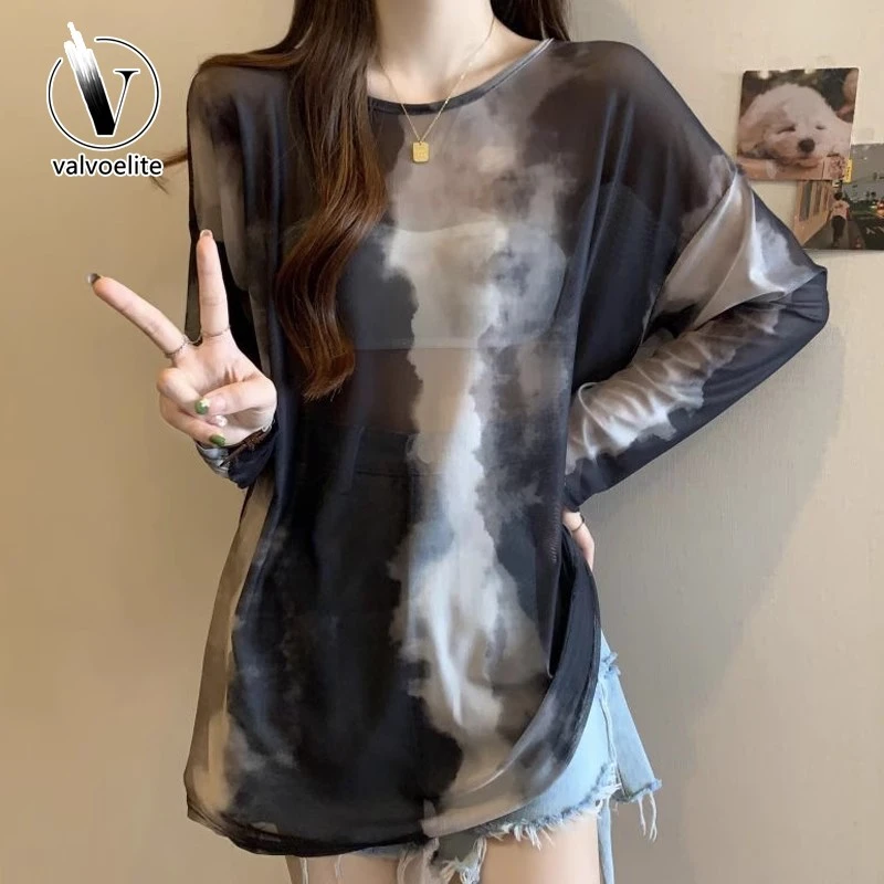 VALVOELITE慵懒风长袖扎染防晒衫女夏季大码外搭薄罩衫中长款上衣