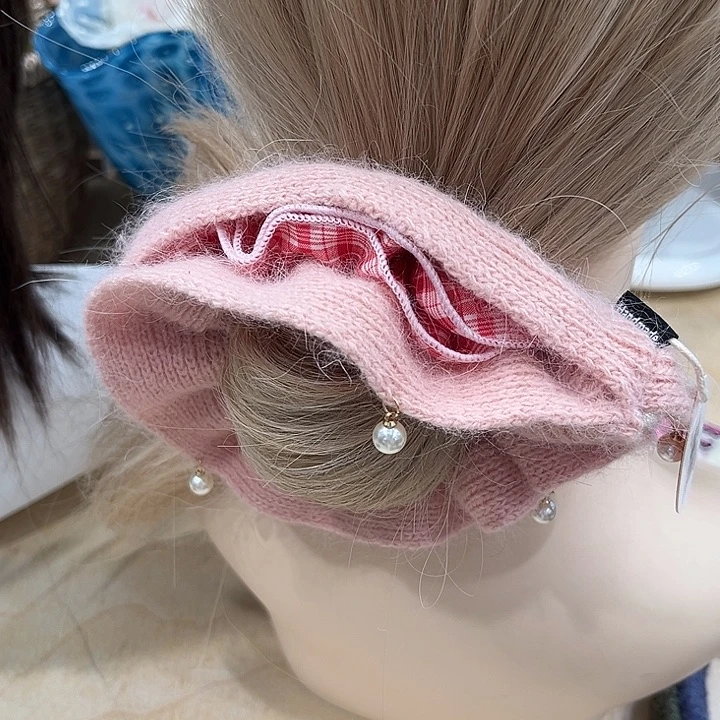 布艺非金属粉色毛线格子发圈