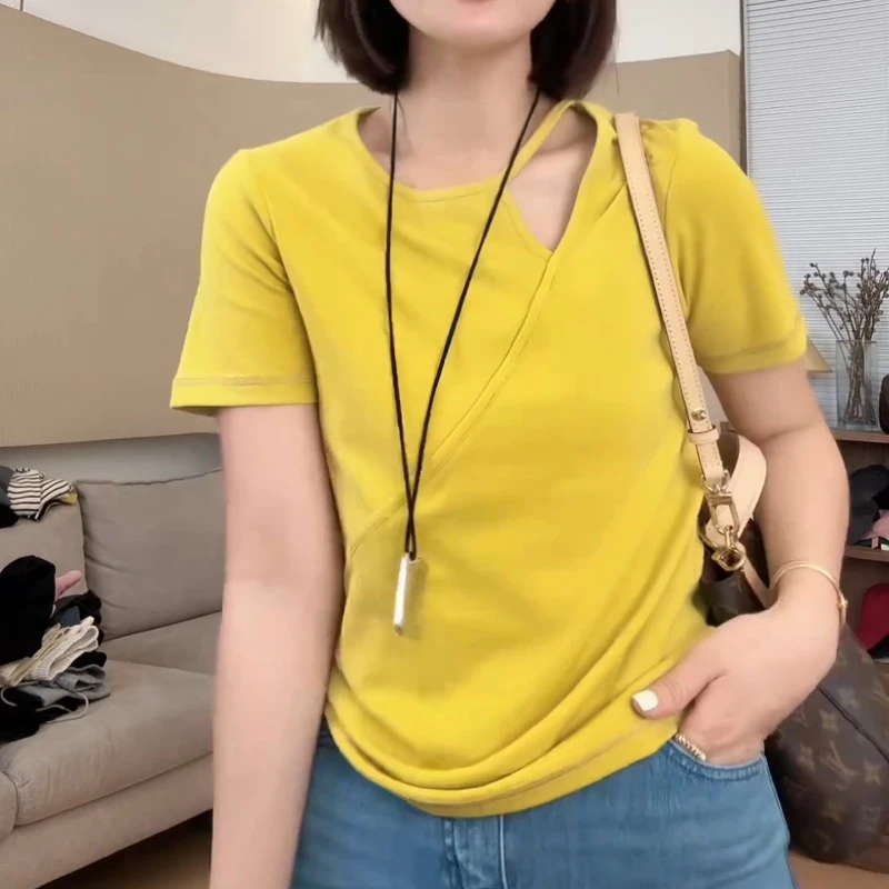 【半夏Tee】新款纯色镂空圆领小心机设计正肩显瘦短袖T恤LK2503186